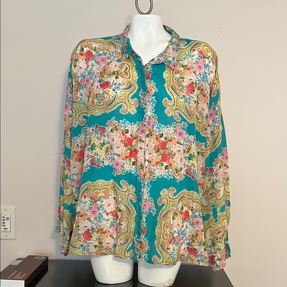 Johnny Was Tops - Johnny Was Teal Floral Paisley Button-Front Blouse
